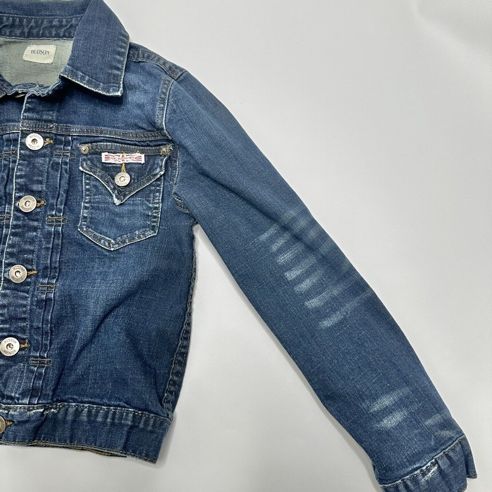 Hudson Girls Jean Jacket Blue Distressed Medium Wash Stretch Collared Pockets M - Picture 3 of 10